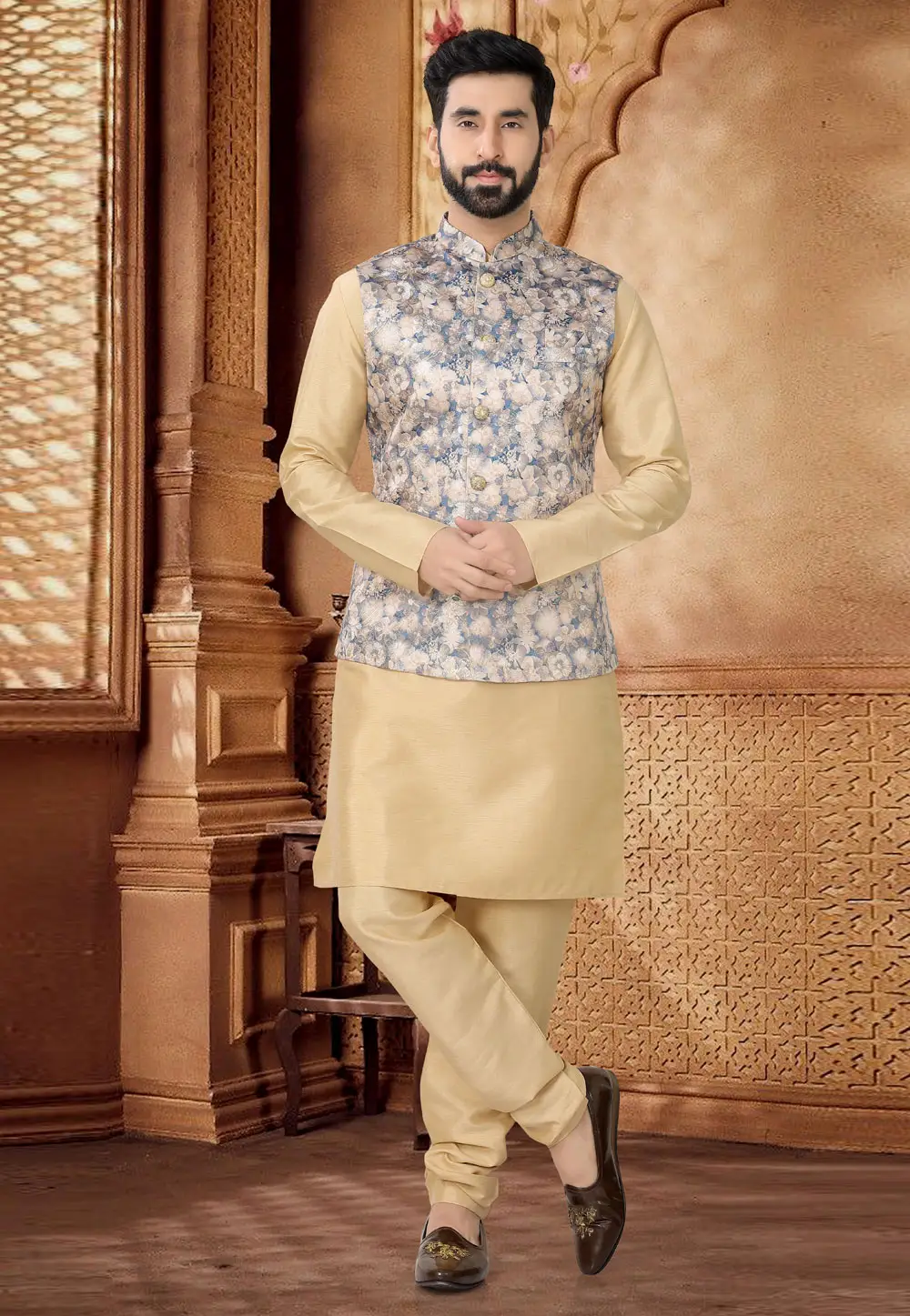 Beige Silk Kurta Pajama With Jacket 296948