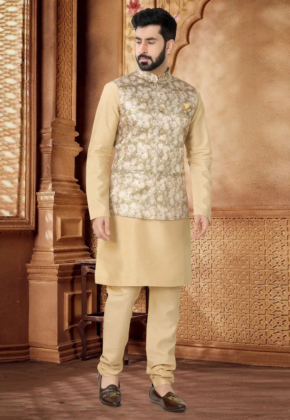 Beige Silk Kurta Pajama With Jacket 296949