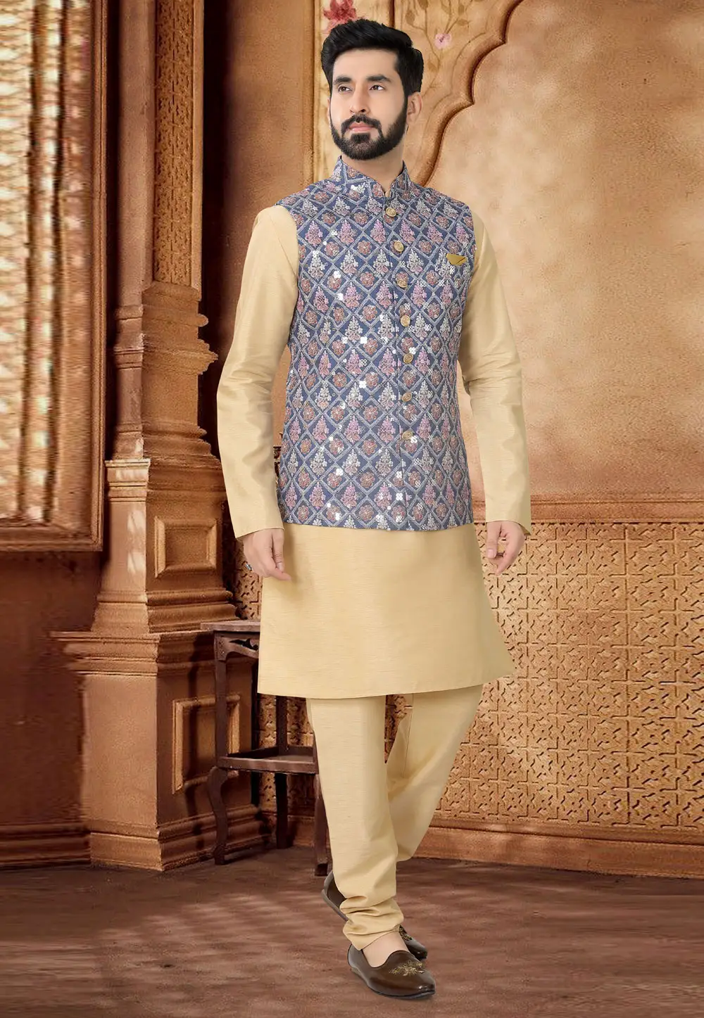 Beige Silk Kurta Pajama With Jacket 296951