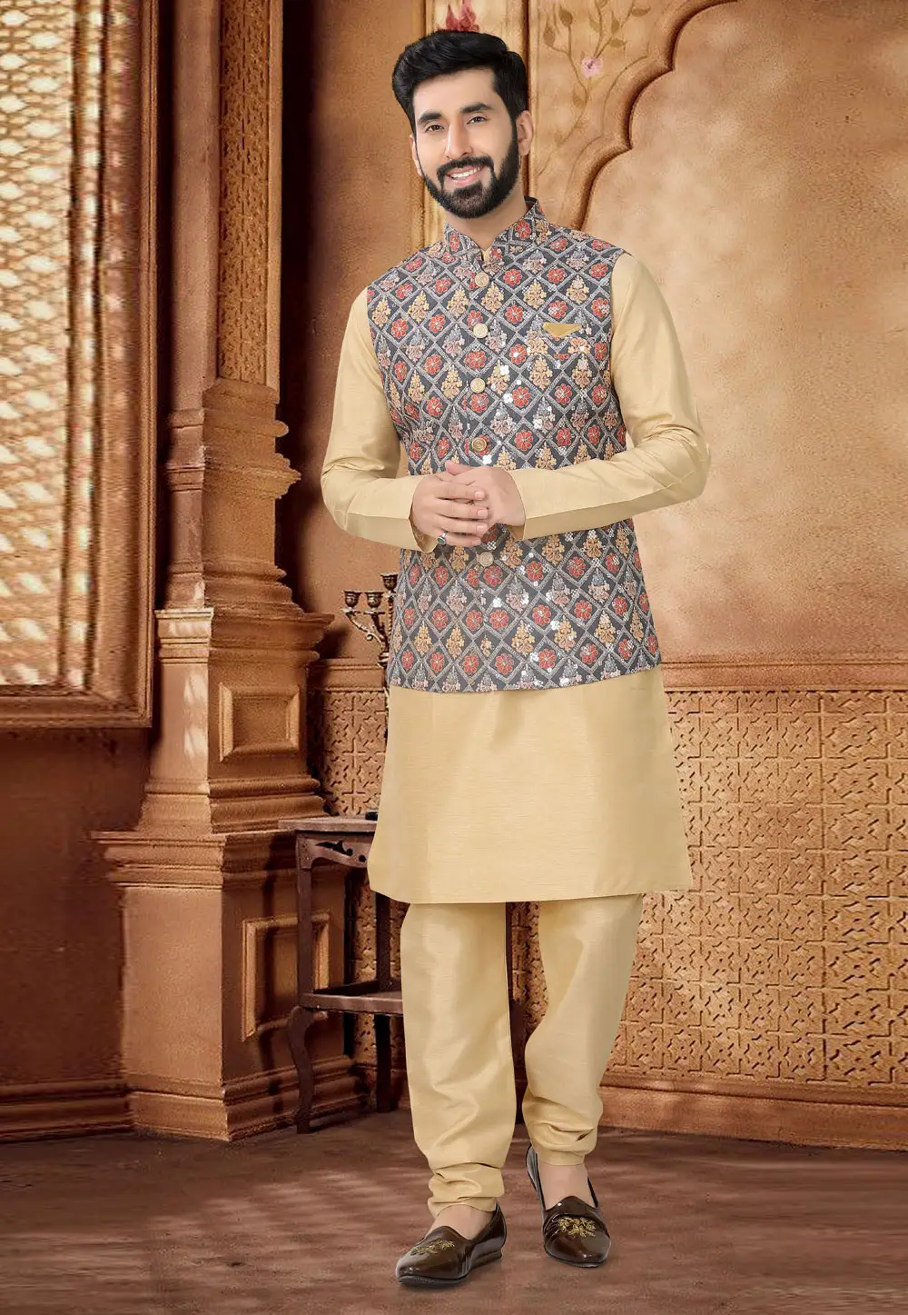 Beige Silk Kurta Pajama With Jacket 296952