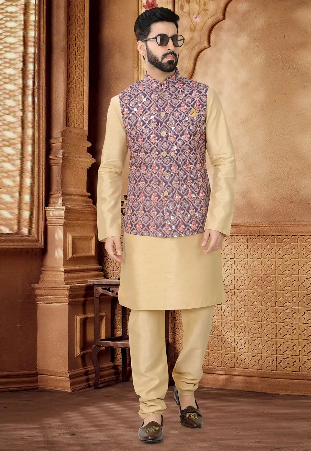 Beige Silk Kurta Pajama With Jacket 296953