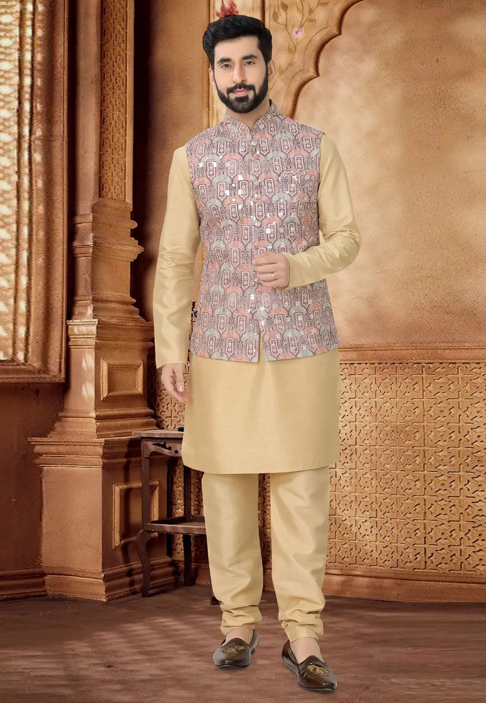 Beige Silk Kurta Pajama With Jacket 296954