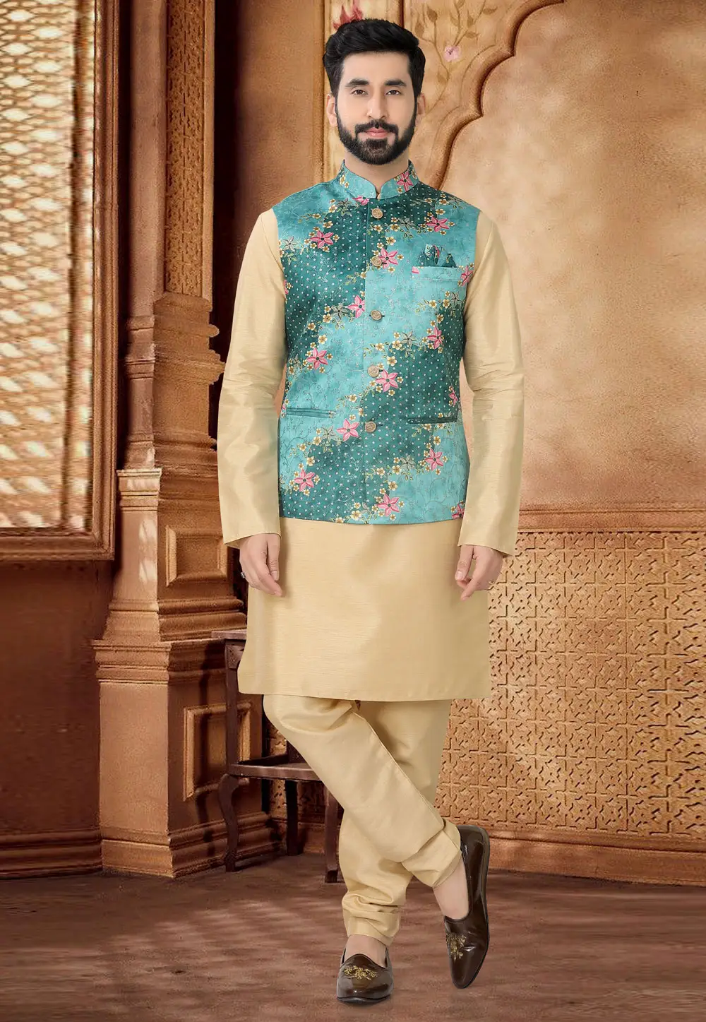 Beige Silk Kurta Pajama With Jacket 296957