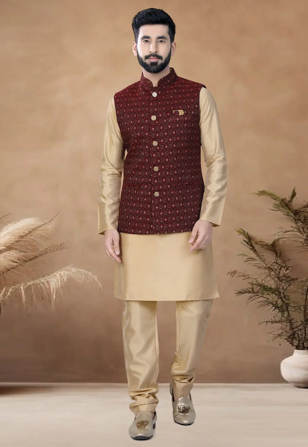 Beige Silk Kurta Pajama With Jacket 298602