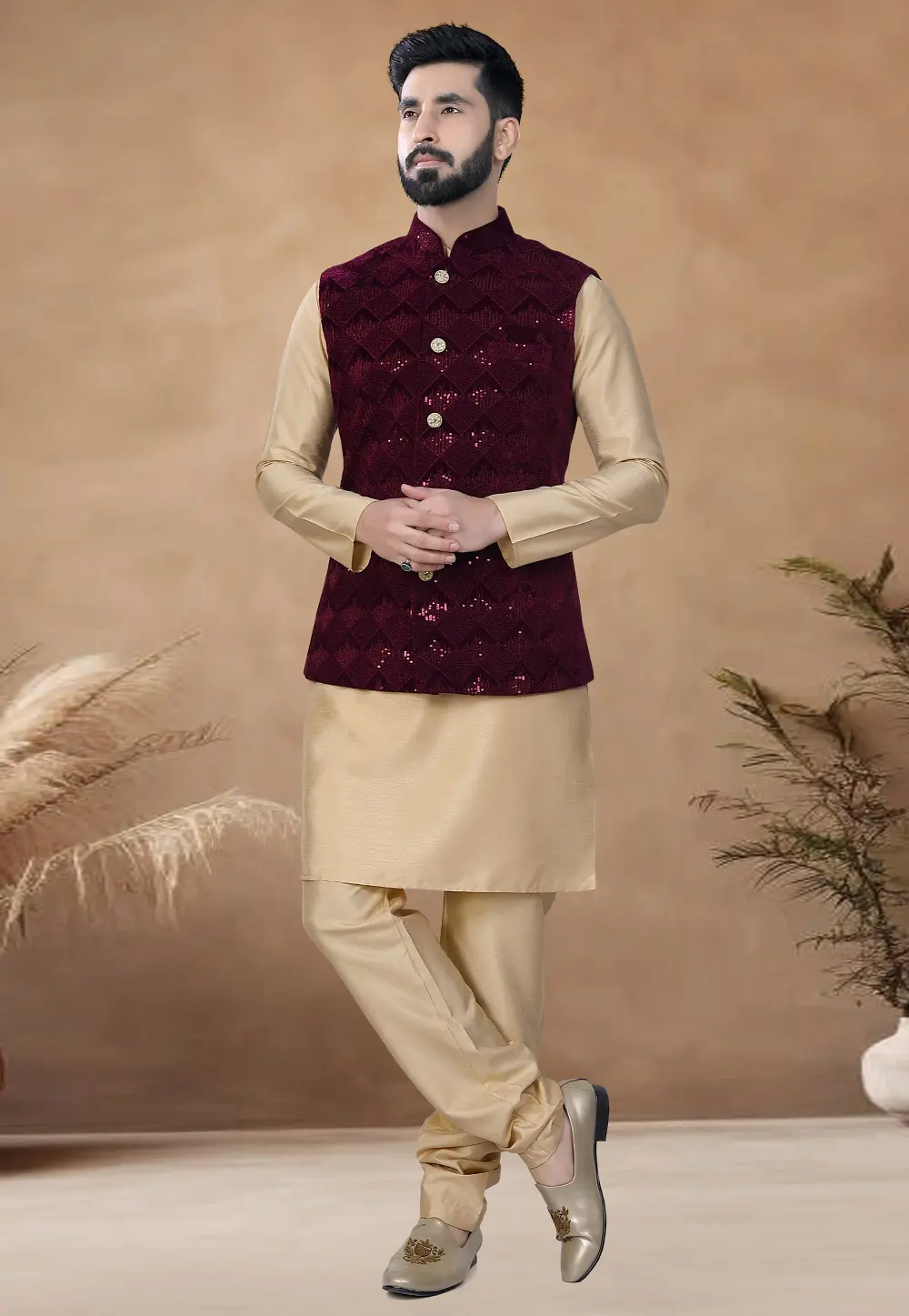 Beige Silk Kurta Pajama With Jacket 298604