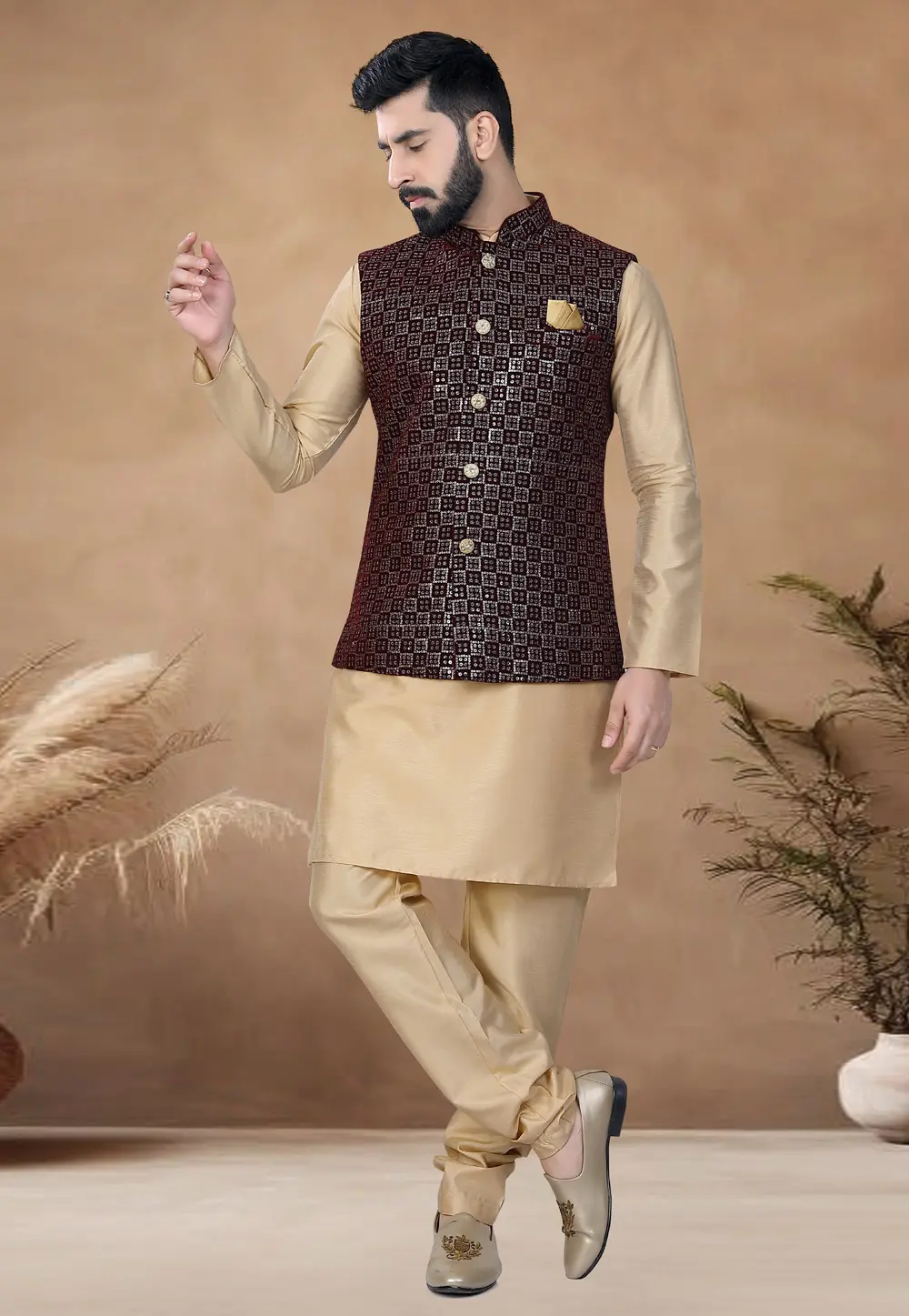 Beige Silk Kurta Pajama With Jacket 298606