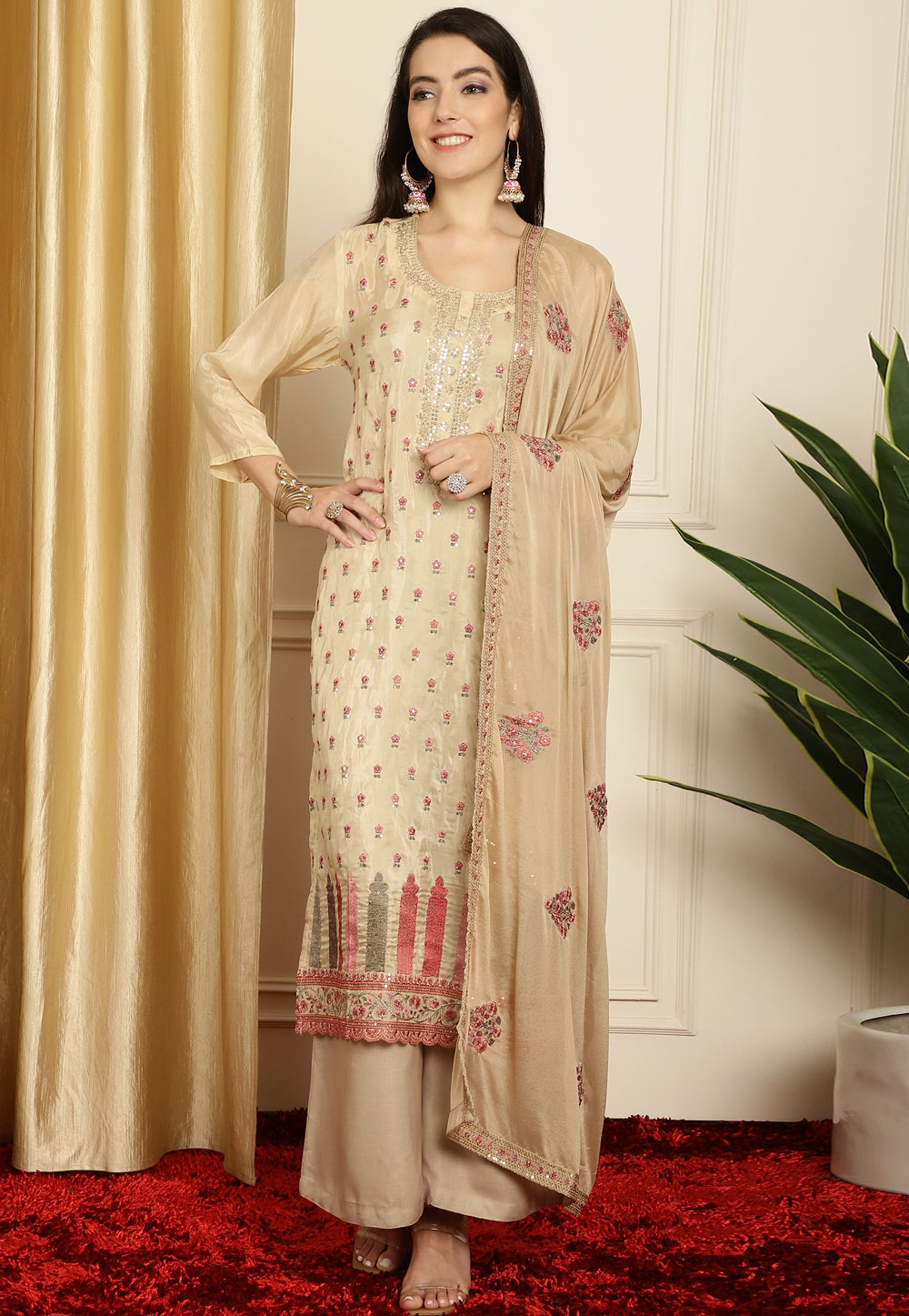 Beige Silk Palazzo Suit 311090