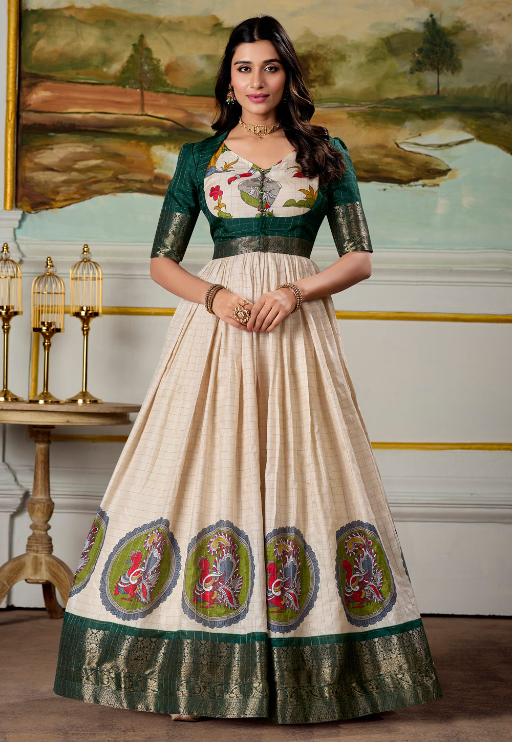 Beige Silk Printed Gown 310609