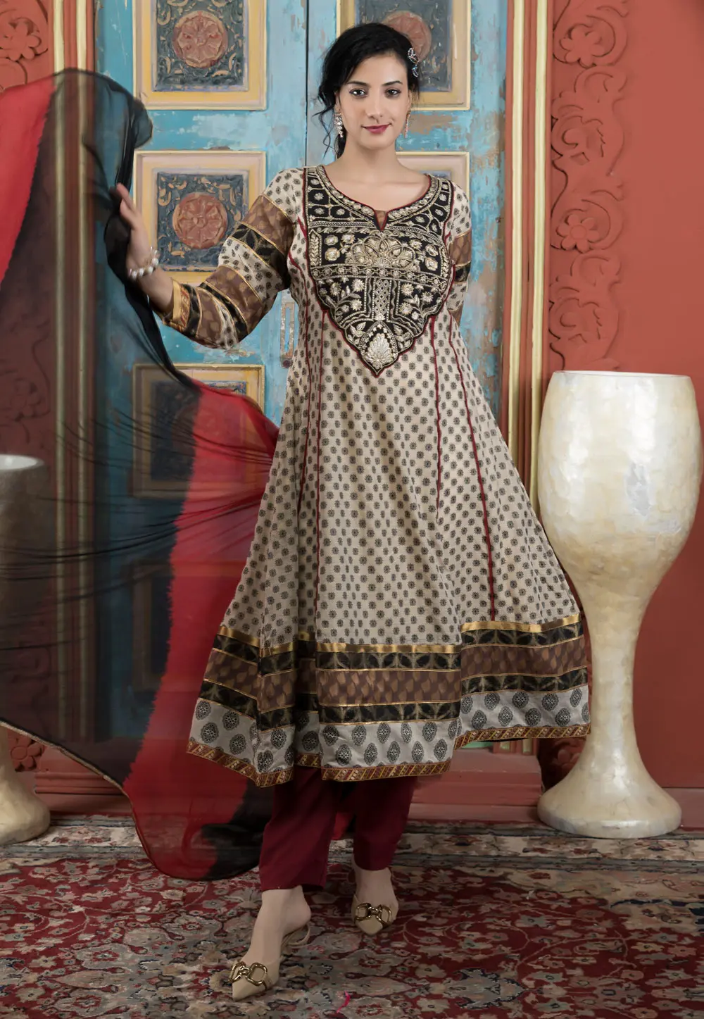 Beige Silk Readymade Anarkali Suit 299081