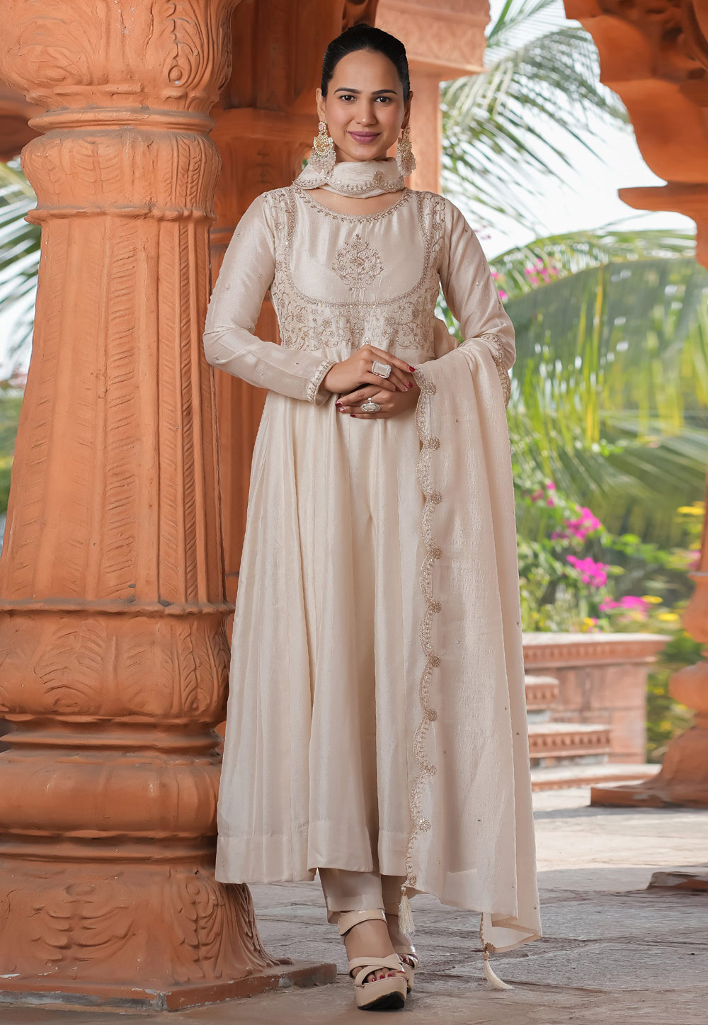 Beige Silk Readymade Anarkali Suit 309464