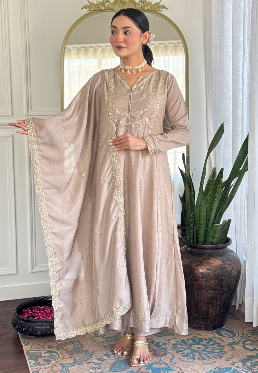 Beige Silk Readymade Anarkali Suit 311134