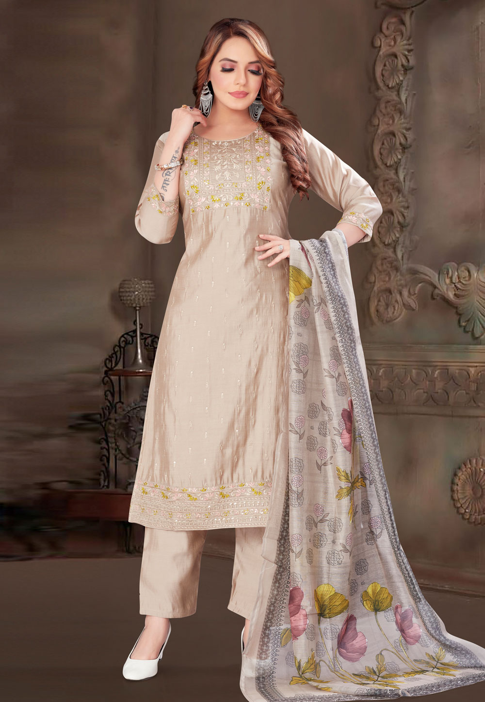 Beige Silk Readymade Pakistani Suit 305056