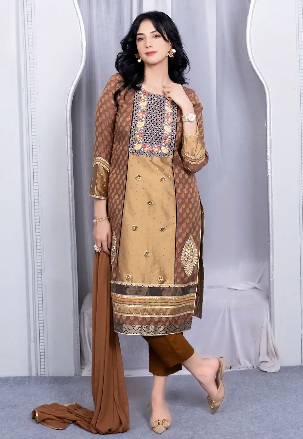 Beige Silk Readymade Pakistani Suit 290498