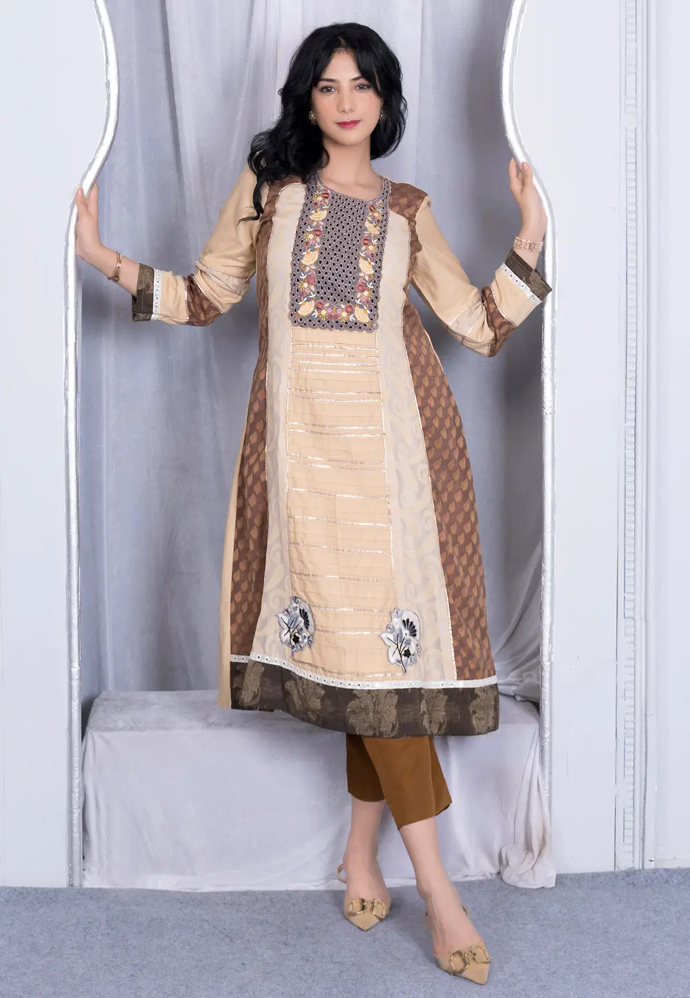 Beige Silk Readymade Pakistani Suit 297910