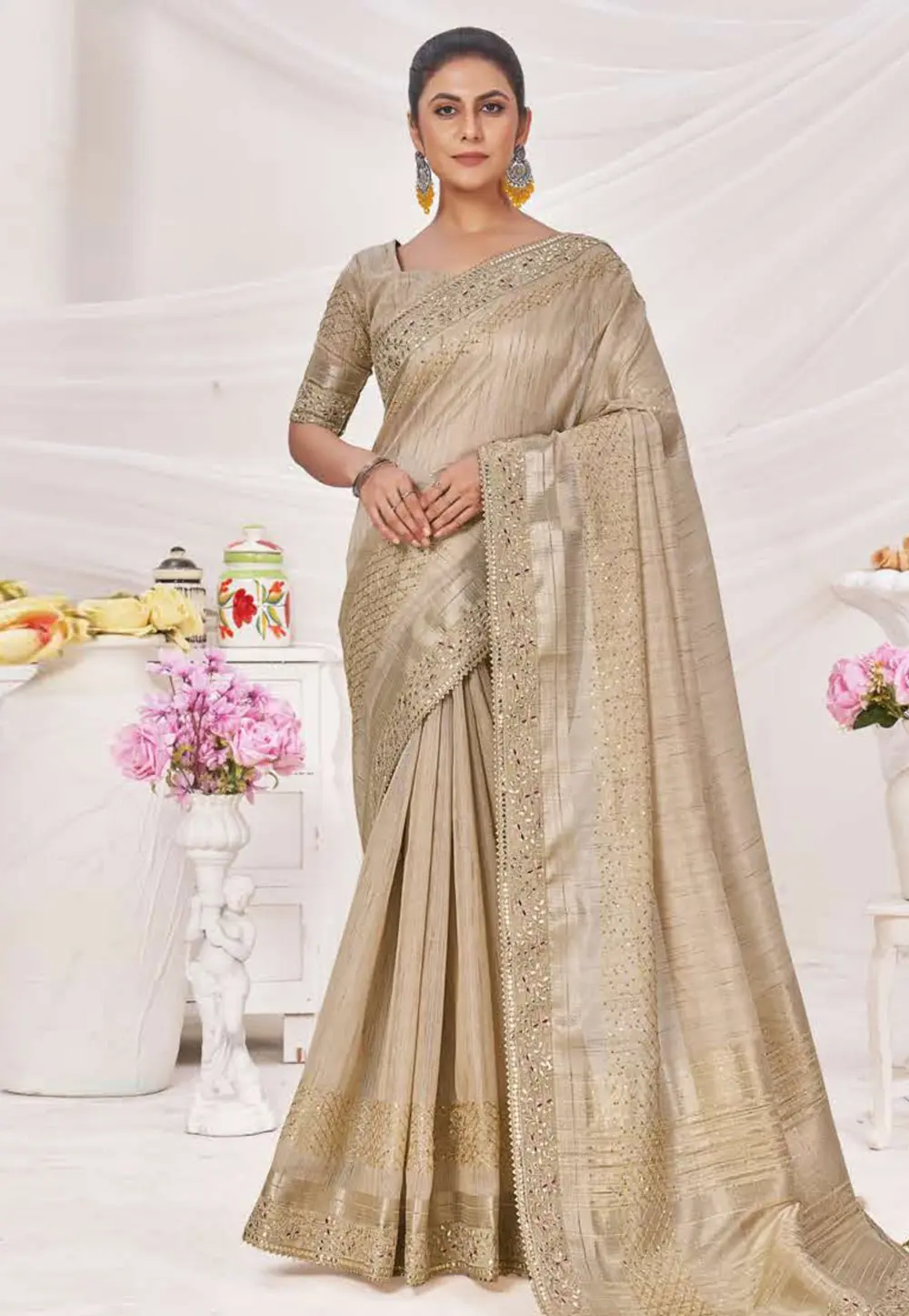 Beige Silk Saree With Blouse 301711