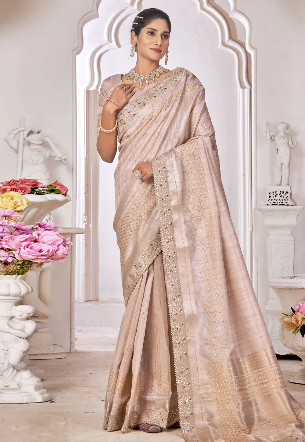 Beige Silk Saree With Blouse 301730