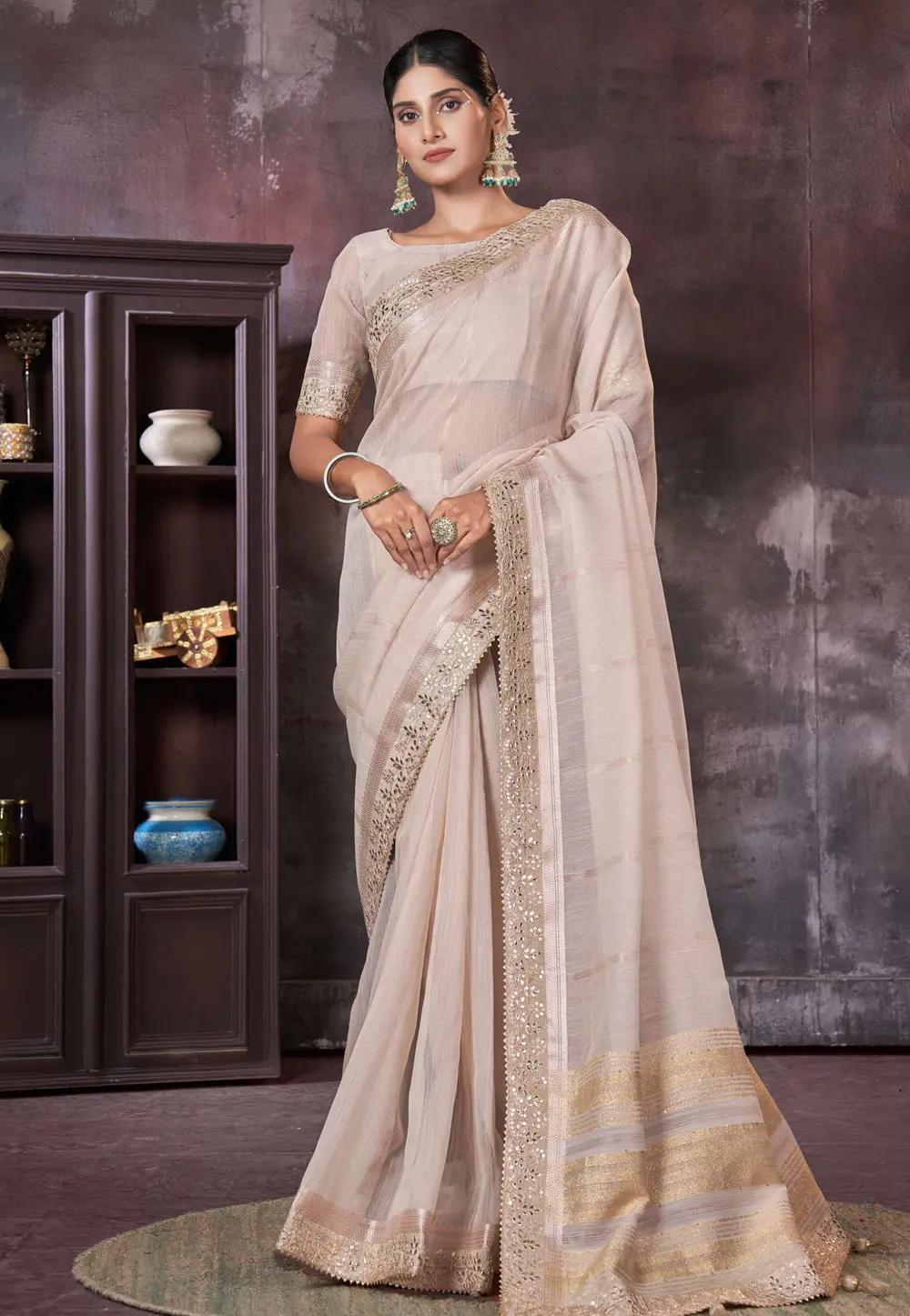 Beige Silk Saree With Blouse 301740