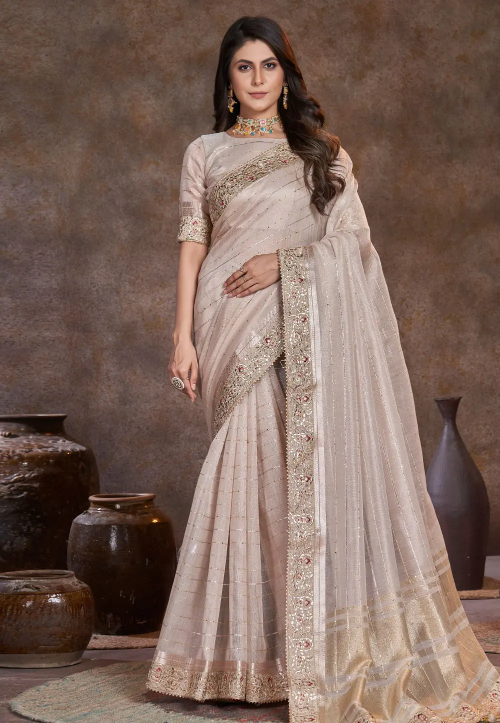 Beige Silk Saree With Blouse 301733