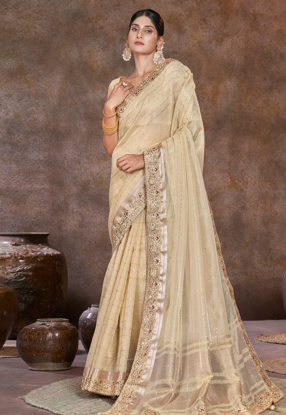 Beige Silk Saree With Blouse 301737