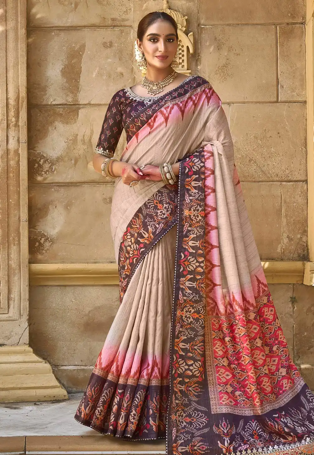 Beige Silk Saree With Blouse 291318