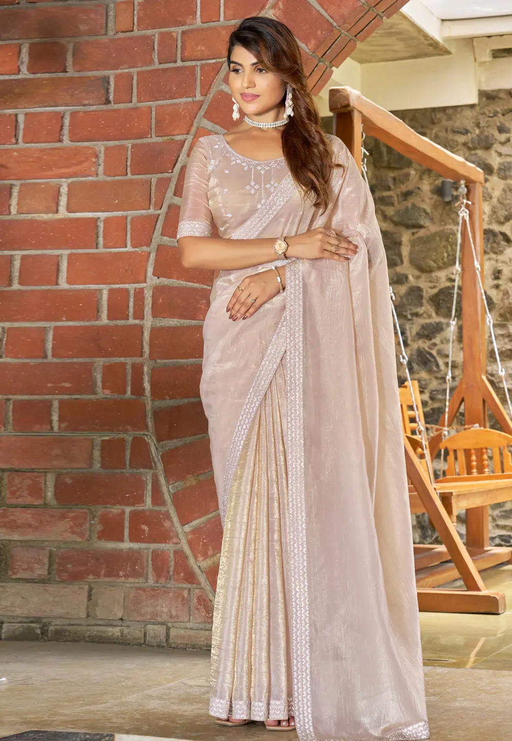 Beige Silk Saree With Blouse 300119