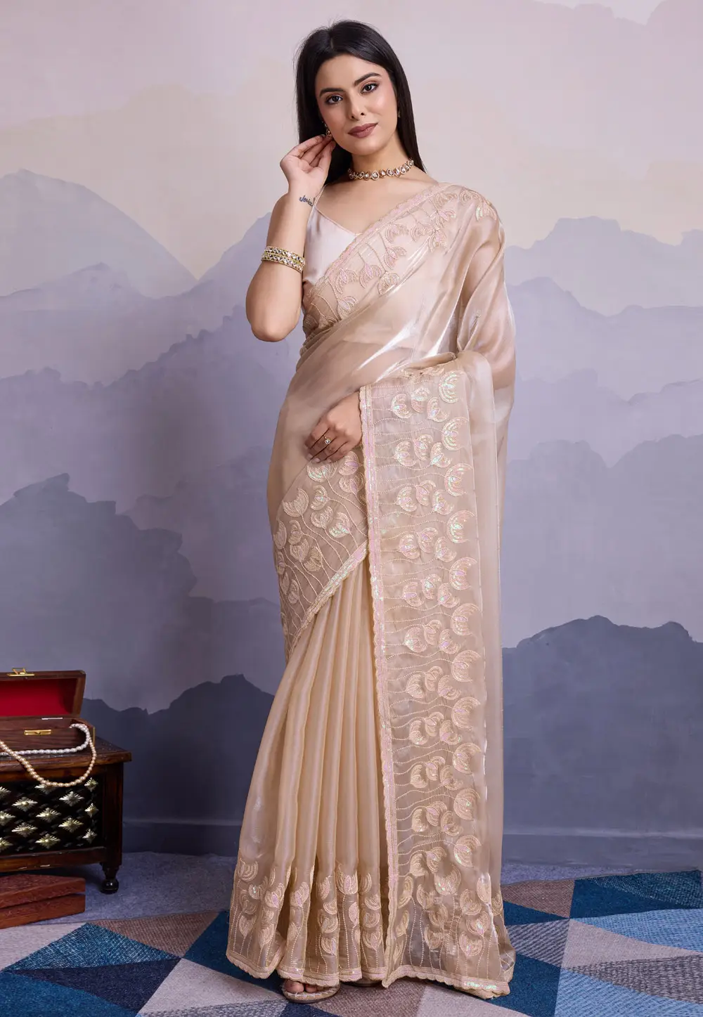 Beige Silk Saree With Blouse 295495