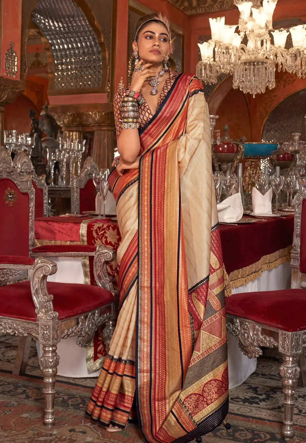 Beige Silk Saree With Blouse 296421