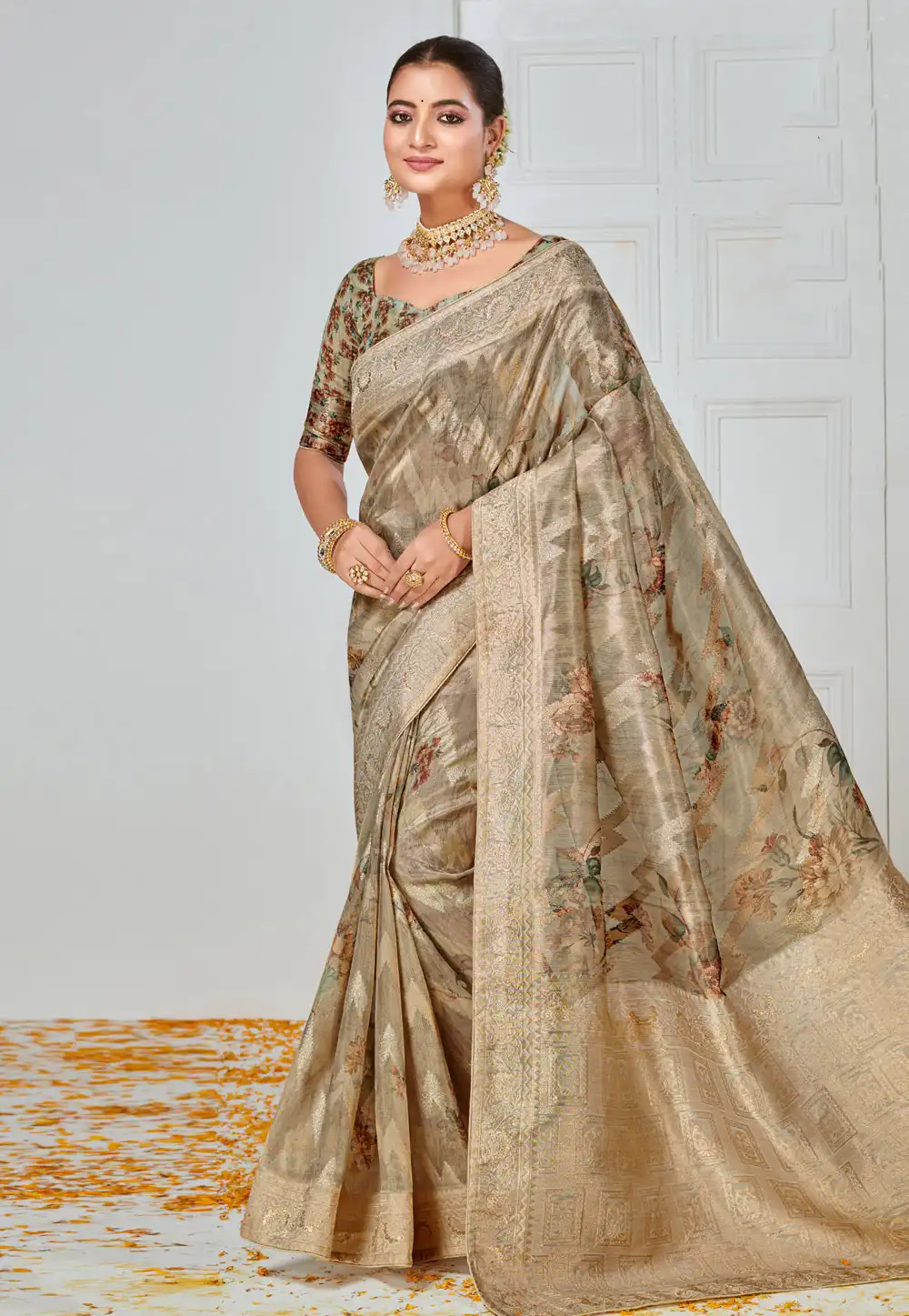 Beige Tissue Saree With Blouse 289097