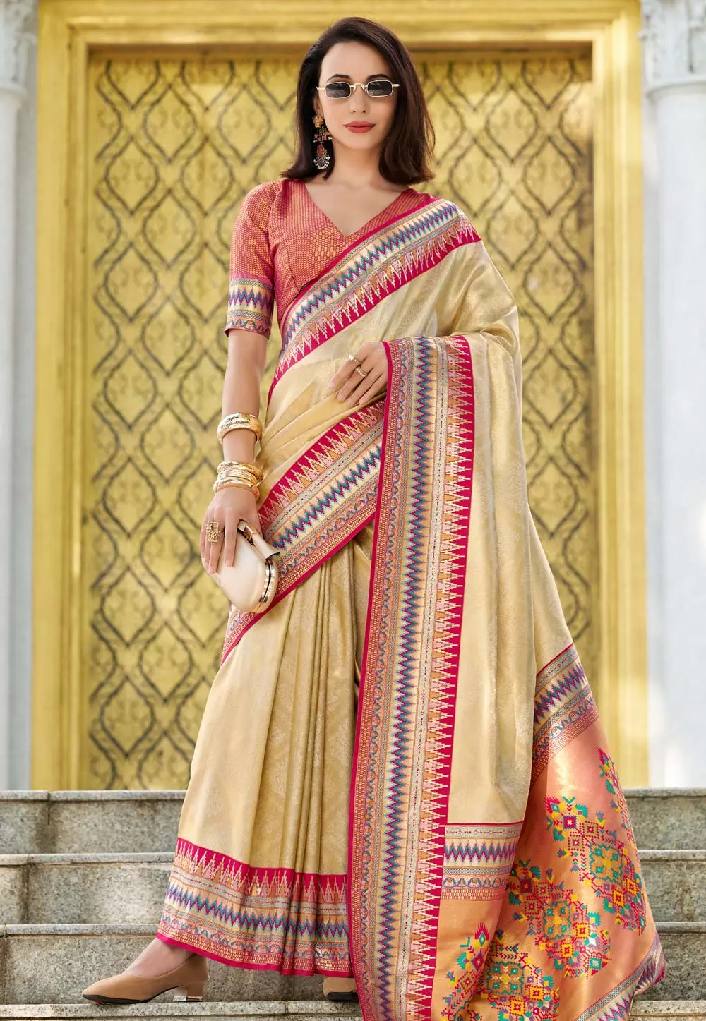 Beige Tissue Silk Saree With Blouse 303659