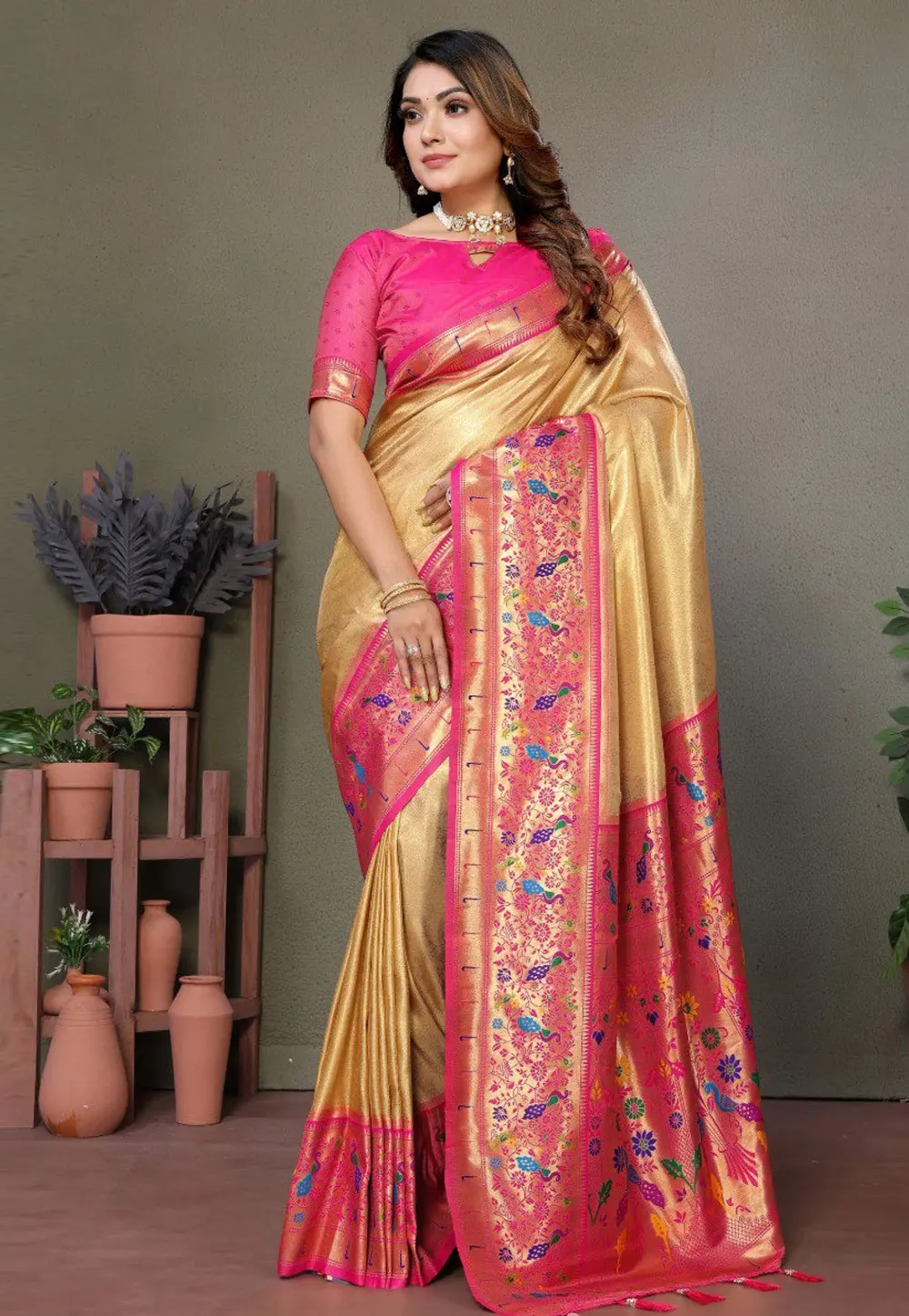 Beige Tissue Silk Saree With Blouse 301995