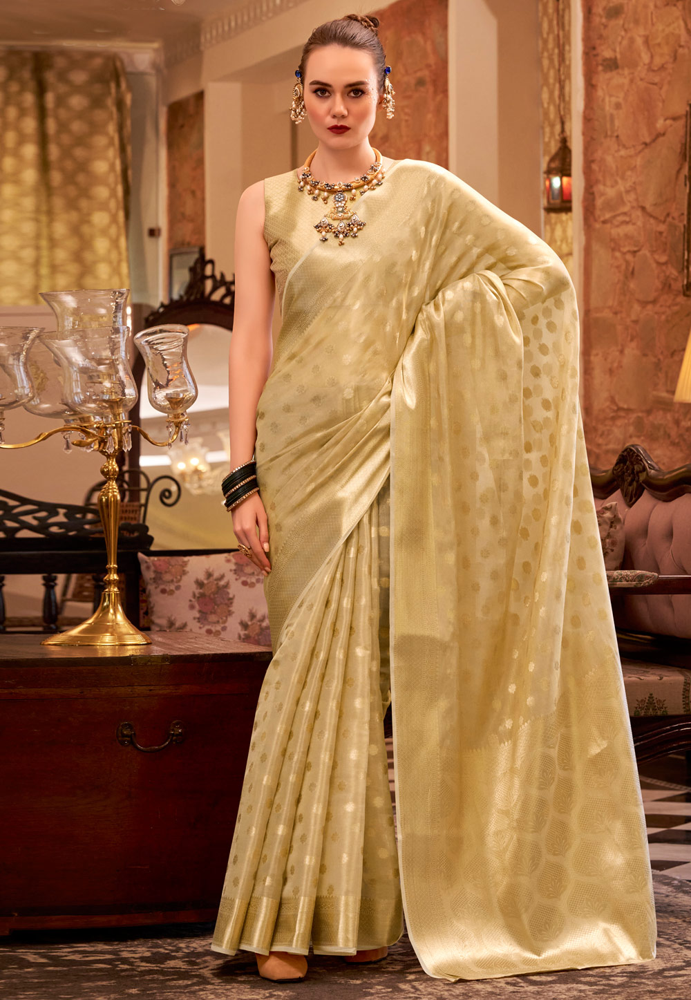 Beige Tissue Silk Saree With Blouse 311006