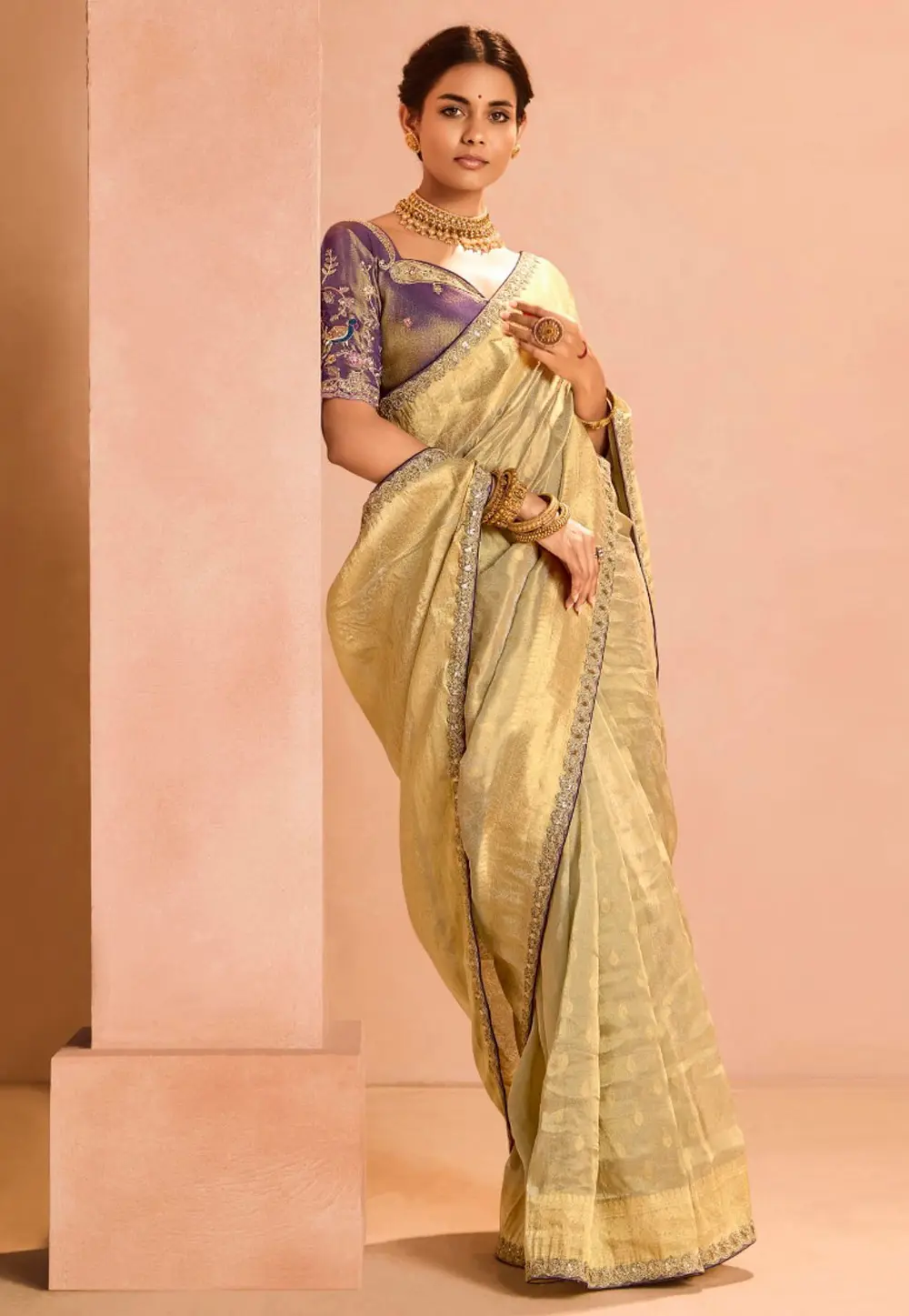 Beige Tissue Silk Saree With Blouse 302052