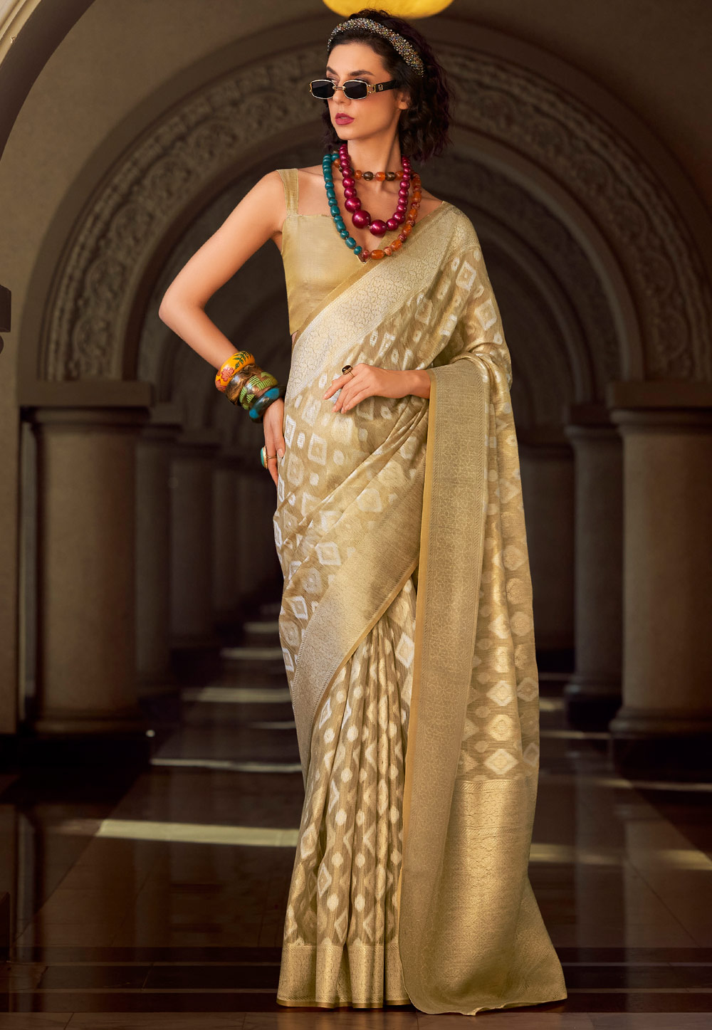 Beige Tissue Silk Saree With Blouse 305679