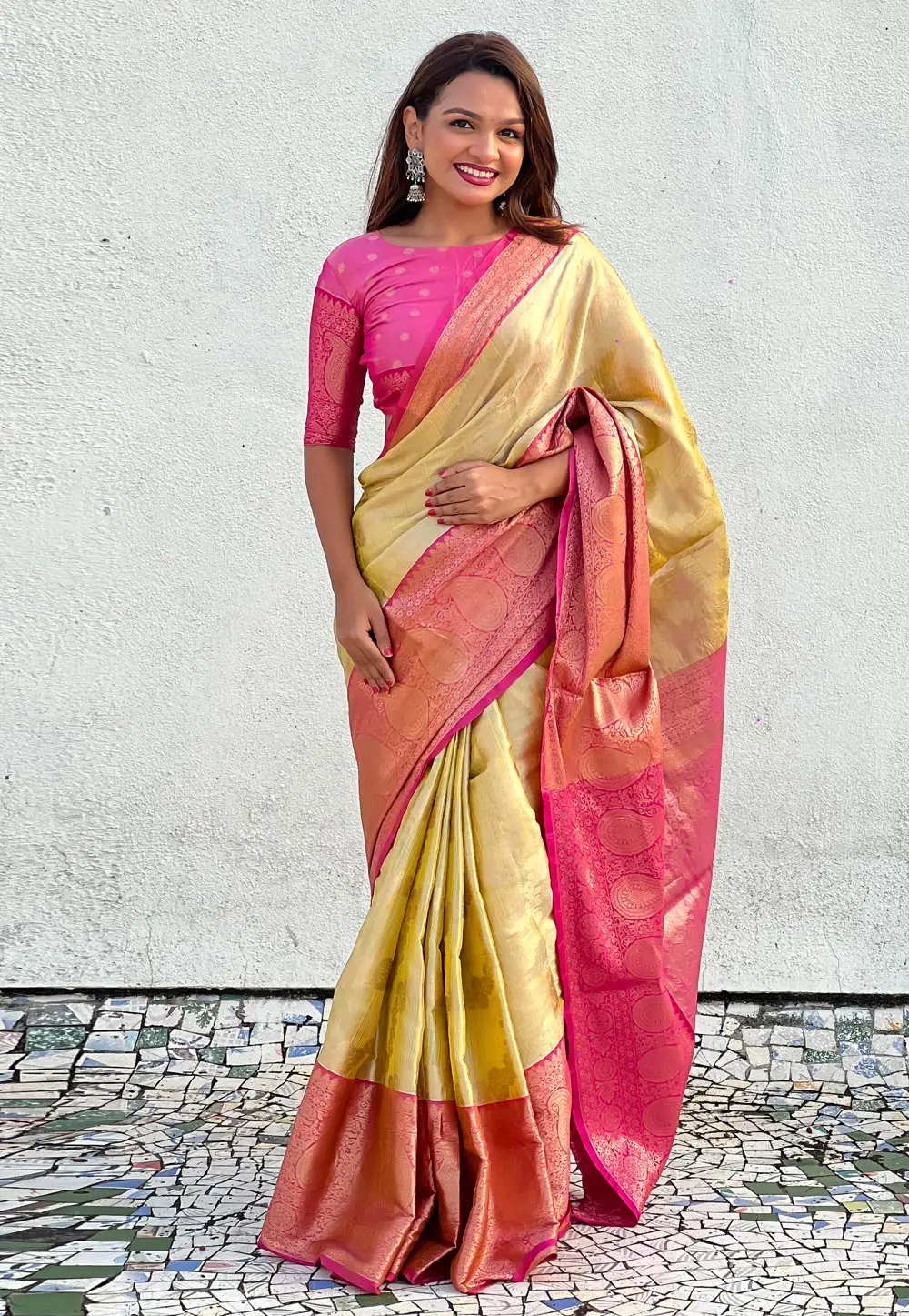 Beige Tissue Silk Saree With Blouse 296261