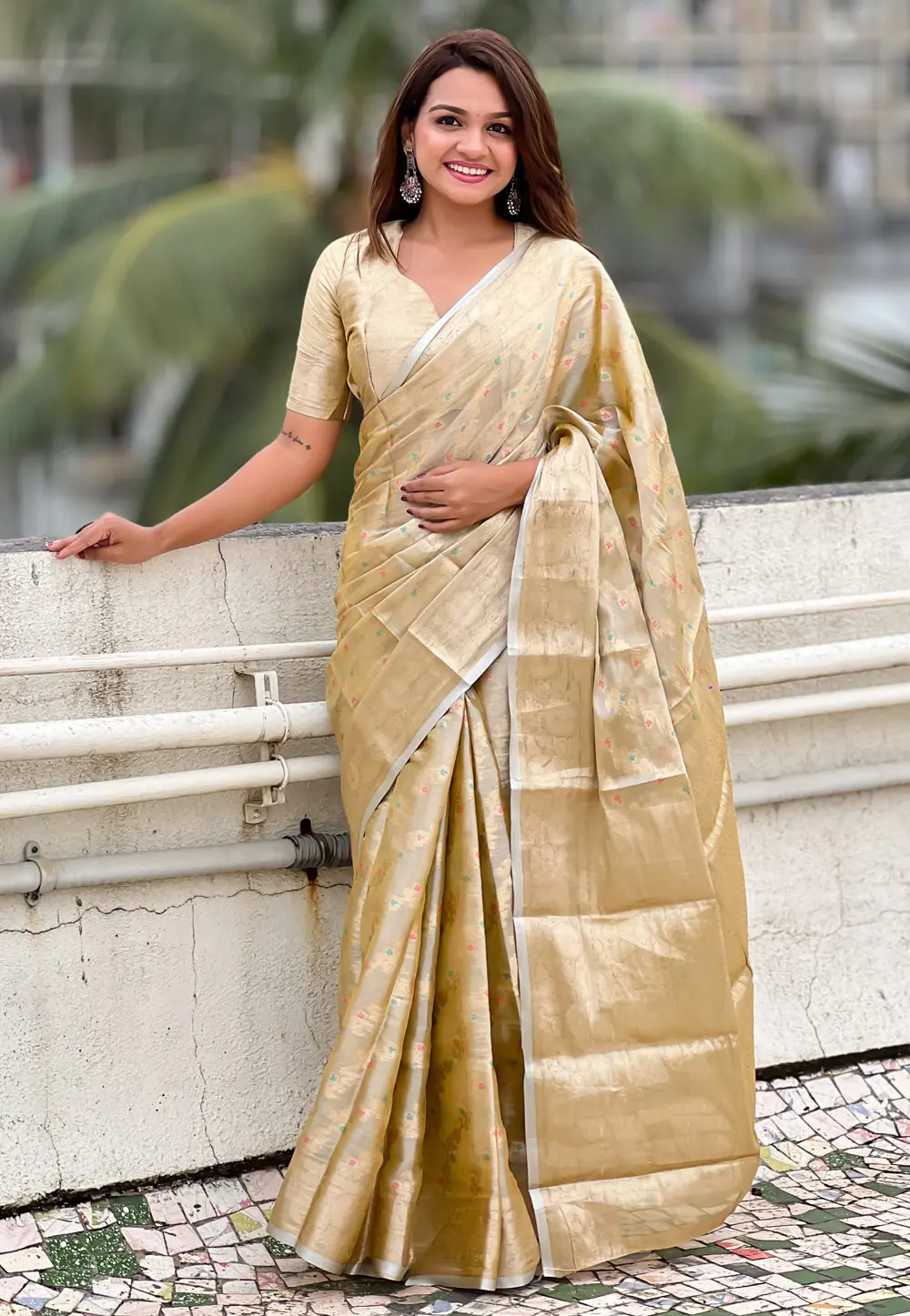 Beige Tissue Silk Saree With Blouse 298480