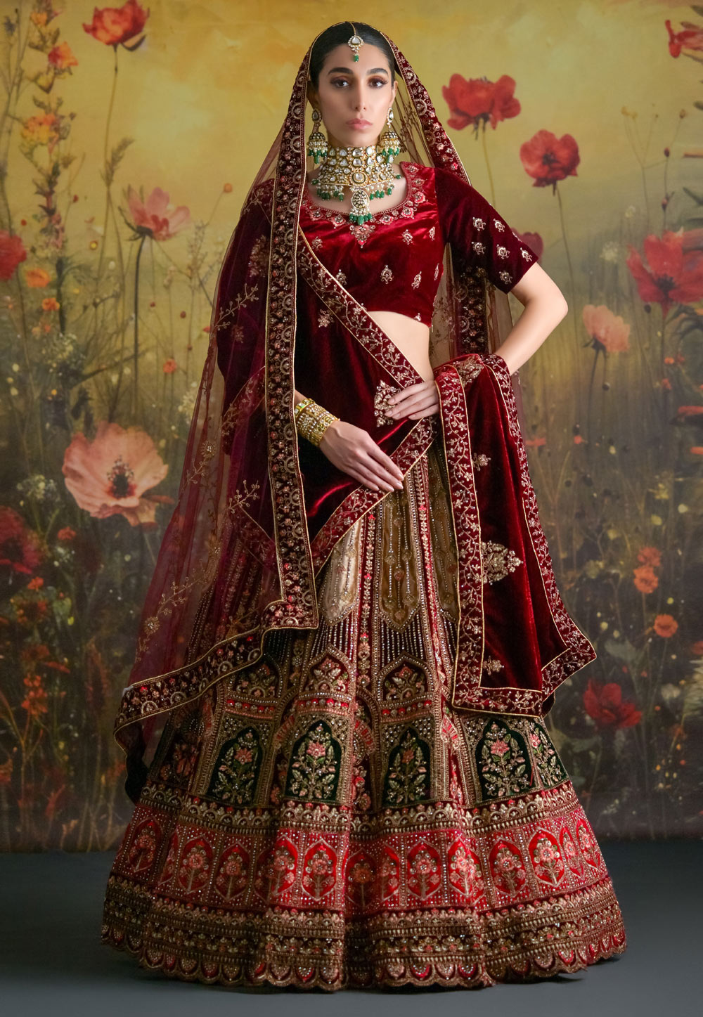 Beige Velvet Bridal Lehenga Choli 305302