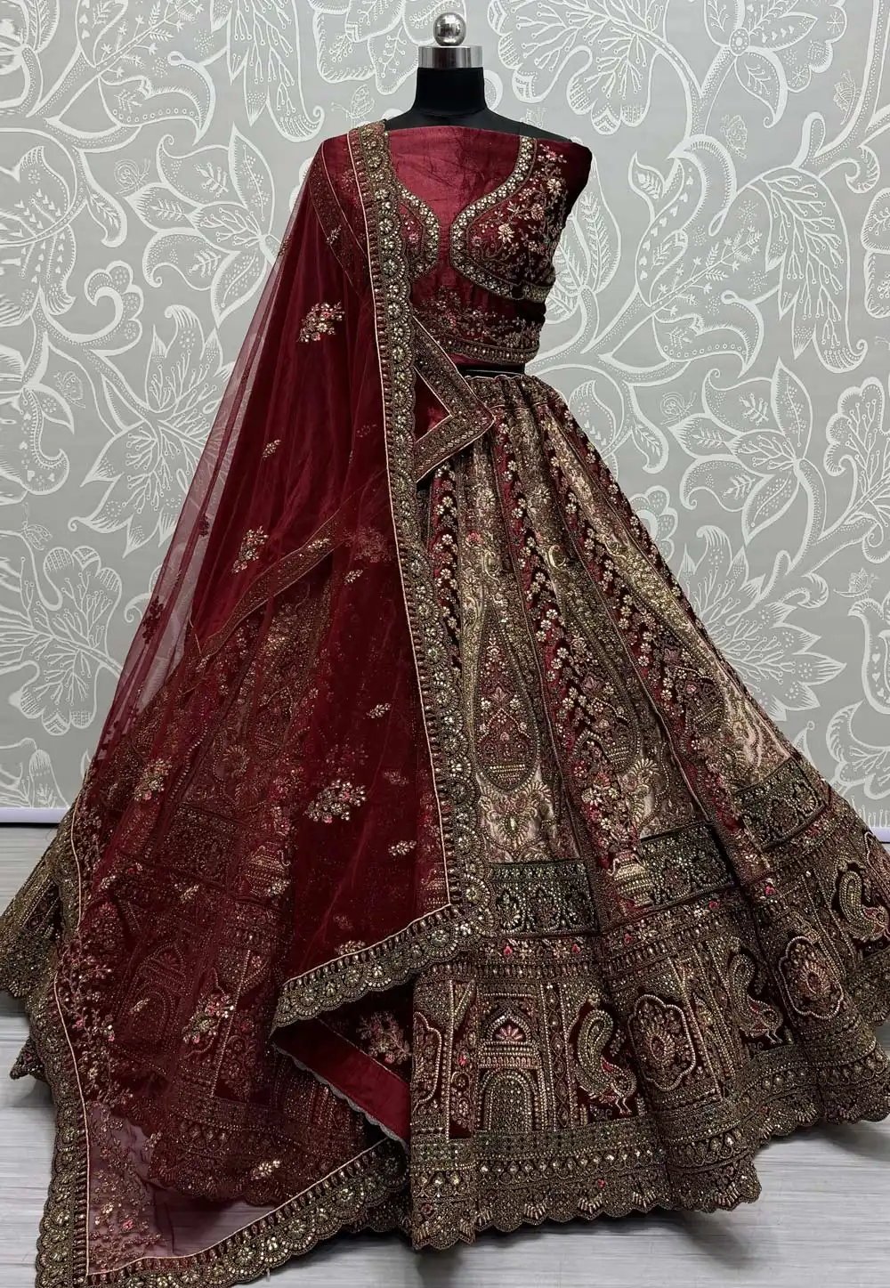 Beige Velvet Bridal Lehenga Choli 292127