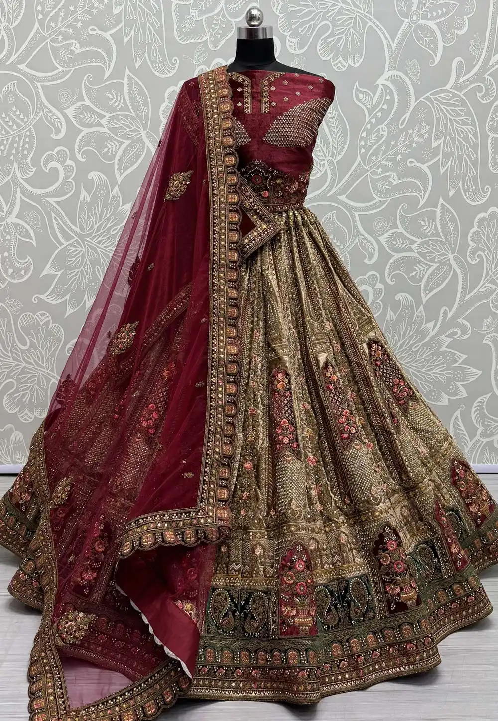 Beige Velvet Bridal Lehenga Choli 292130