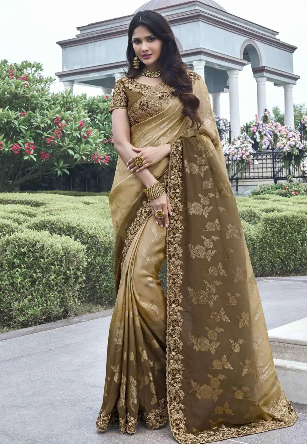 Beige Viscose Half N Half Saree 294825