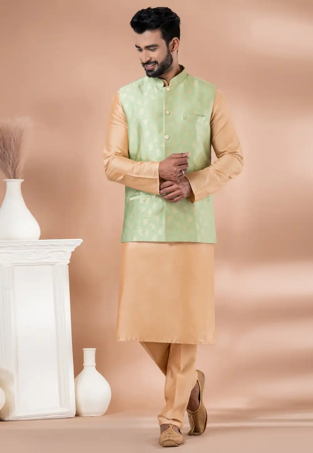 Beige Viscose Kurta Pajama With Jacket 288704