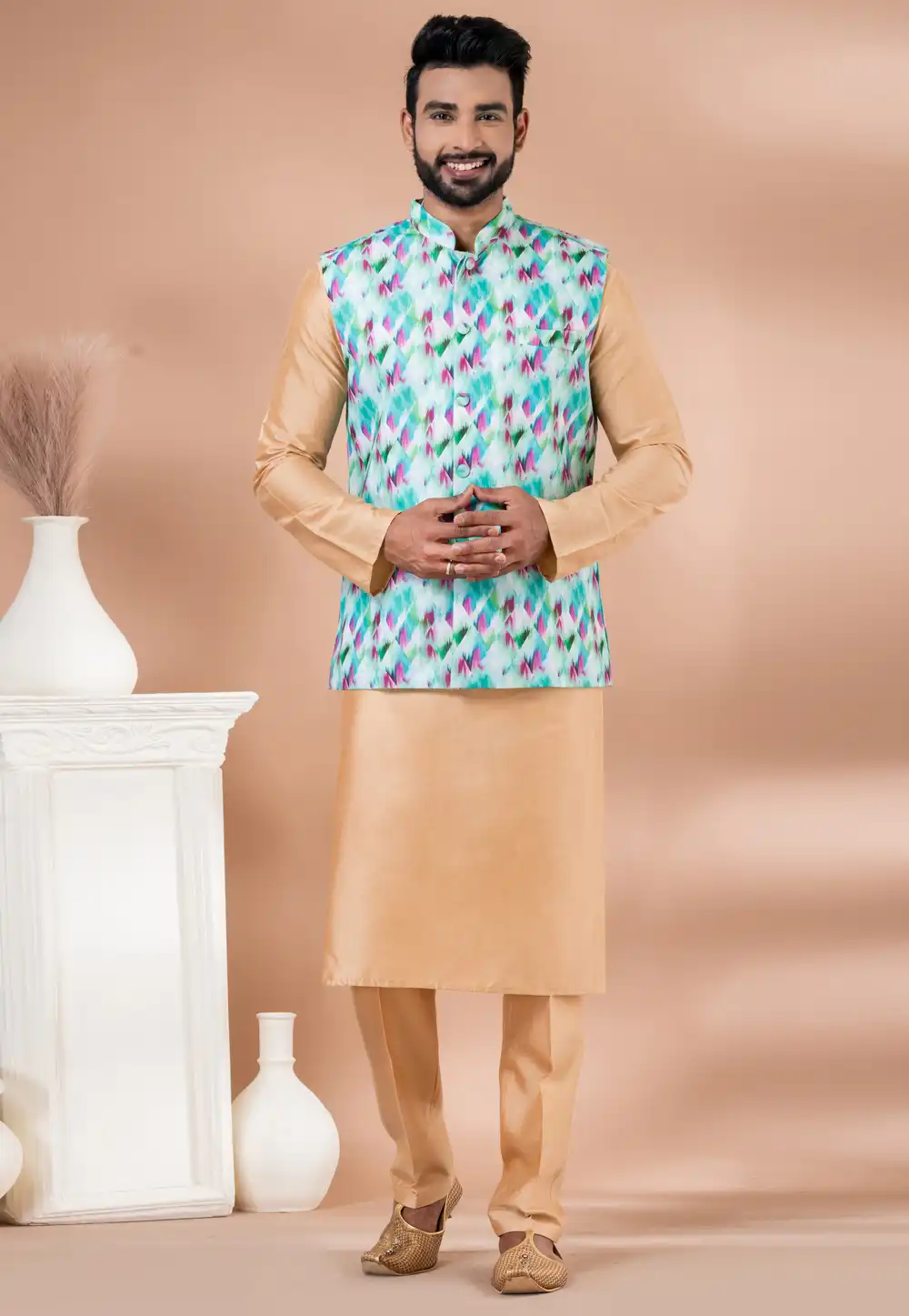 Beige Viscose Kurta Pajama With Jacket 288705