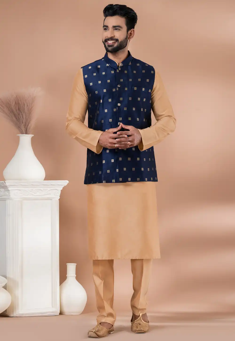 Beige Viscose Kurta Pajama With Jacket 288706