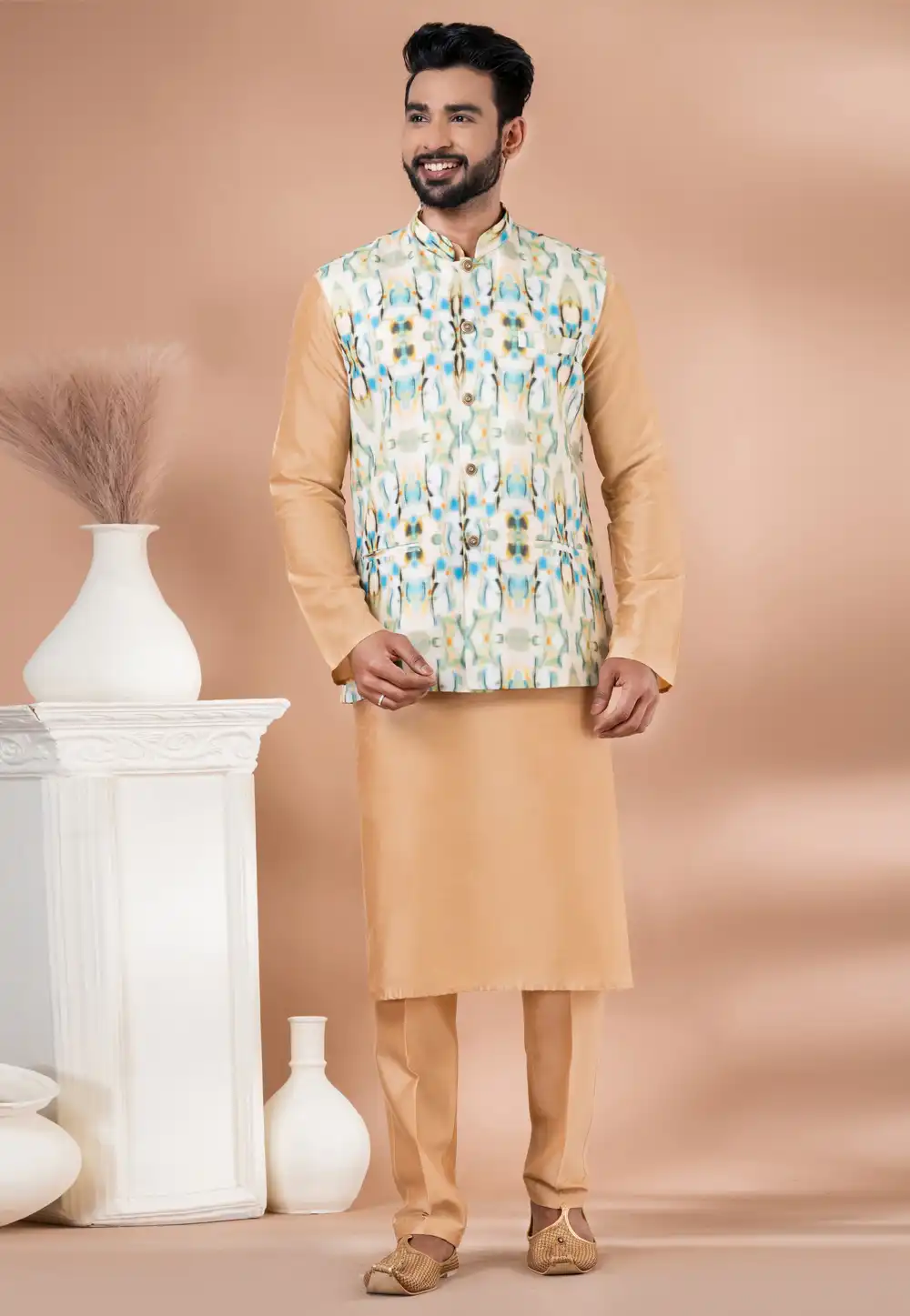 Beige Viscose Kurta Pajama With Jacket 288707