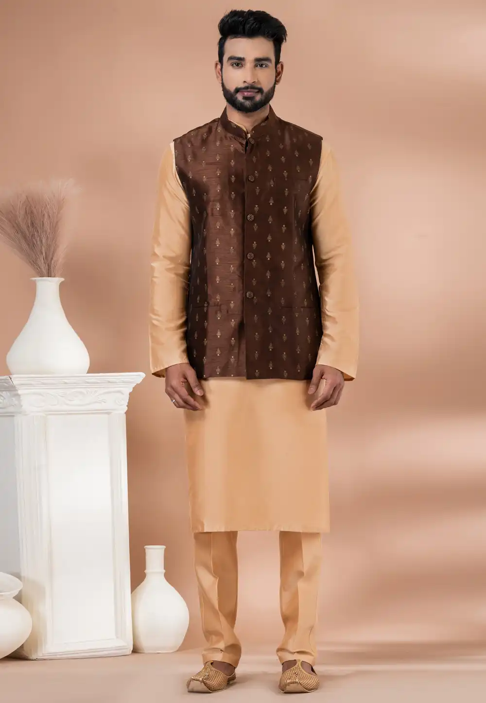 Beige Viscose Kurta Pajama With Jacket 288708