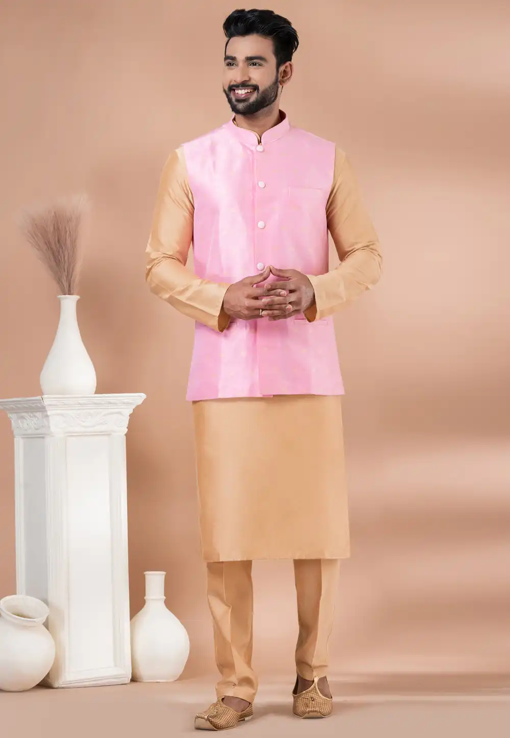 Beige Viscose Kurta Pajama With Jacket 288709