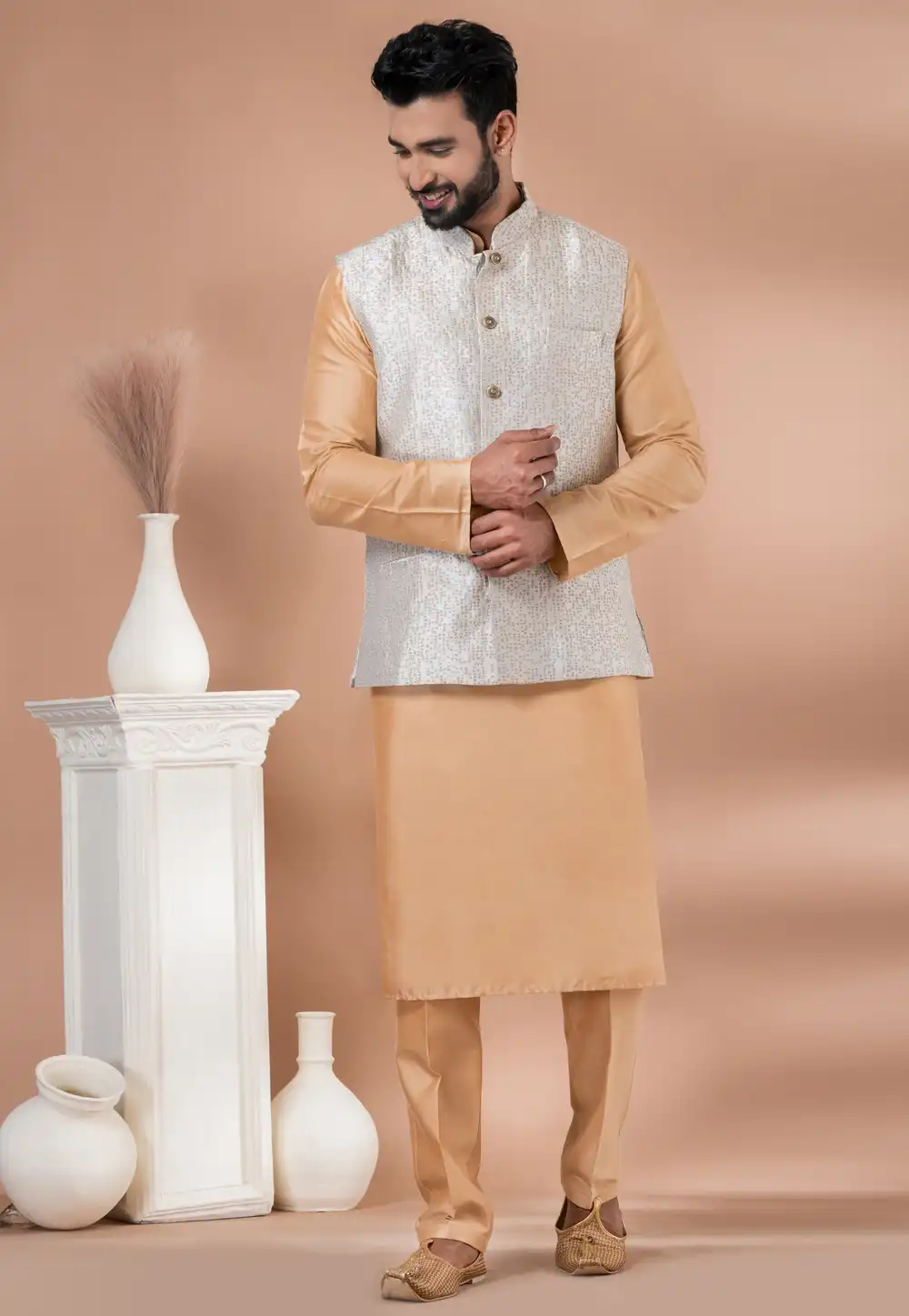 Beige Viscose Kurta Pajama With Jacket 288710