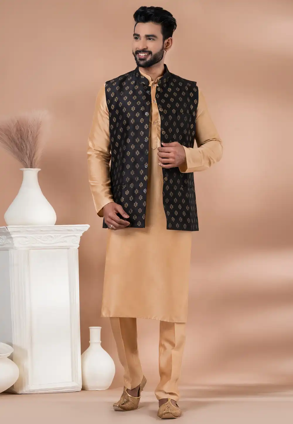 Beige Viscose Kurta Pajama With Jacket 288711