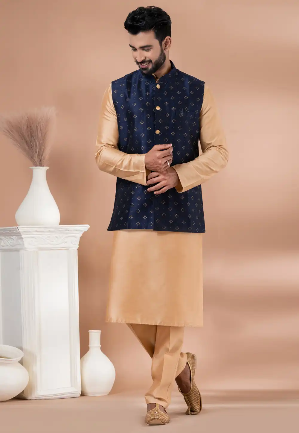 Beige Viscose Kurta Pajama With Jacket 288712