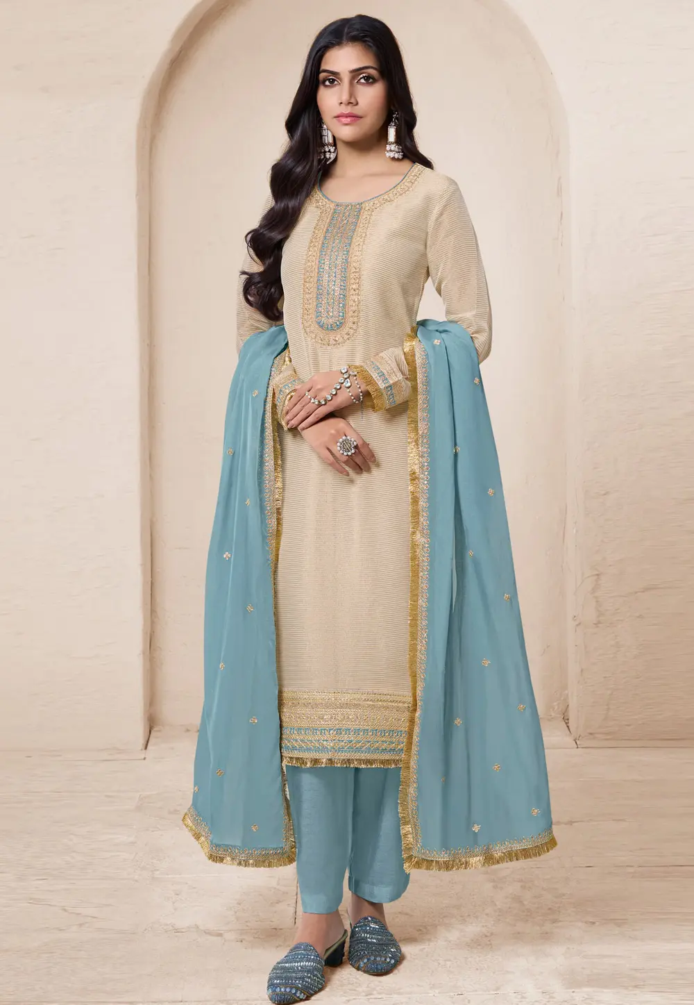 Beige Viscose Pakistani Suit 297440