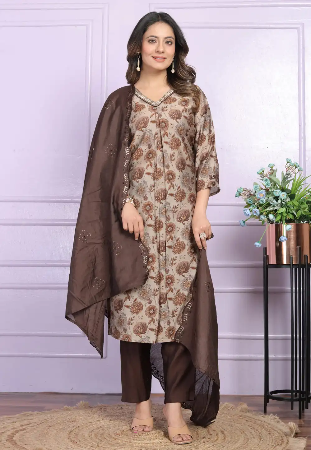 Beige Viscose Readymade Pant Style Suit 289441